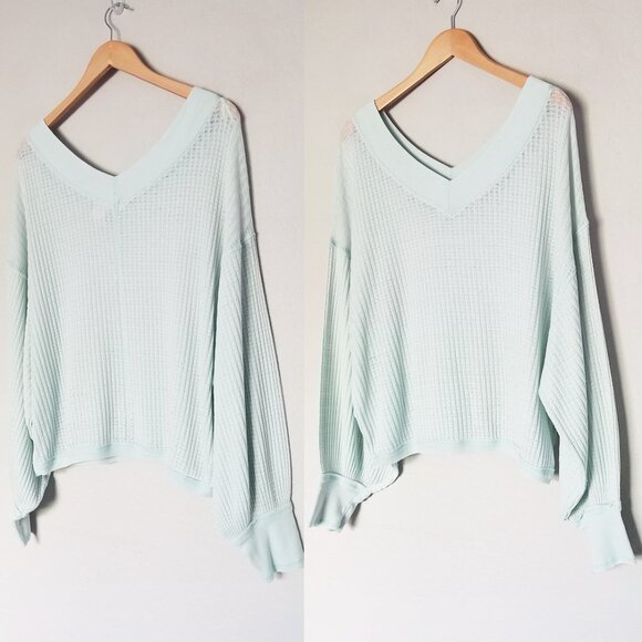 Free People South Side Thermal Top S Blue Green Italian Mint Lightweight V Neck - Picture 16 of 16